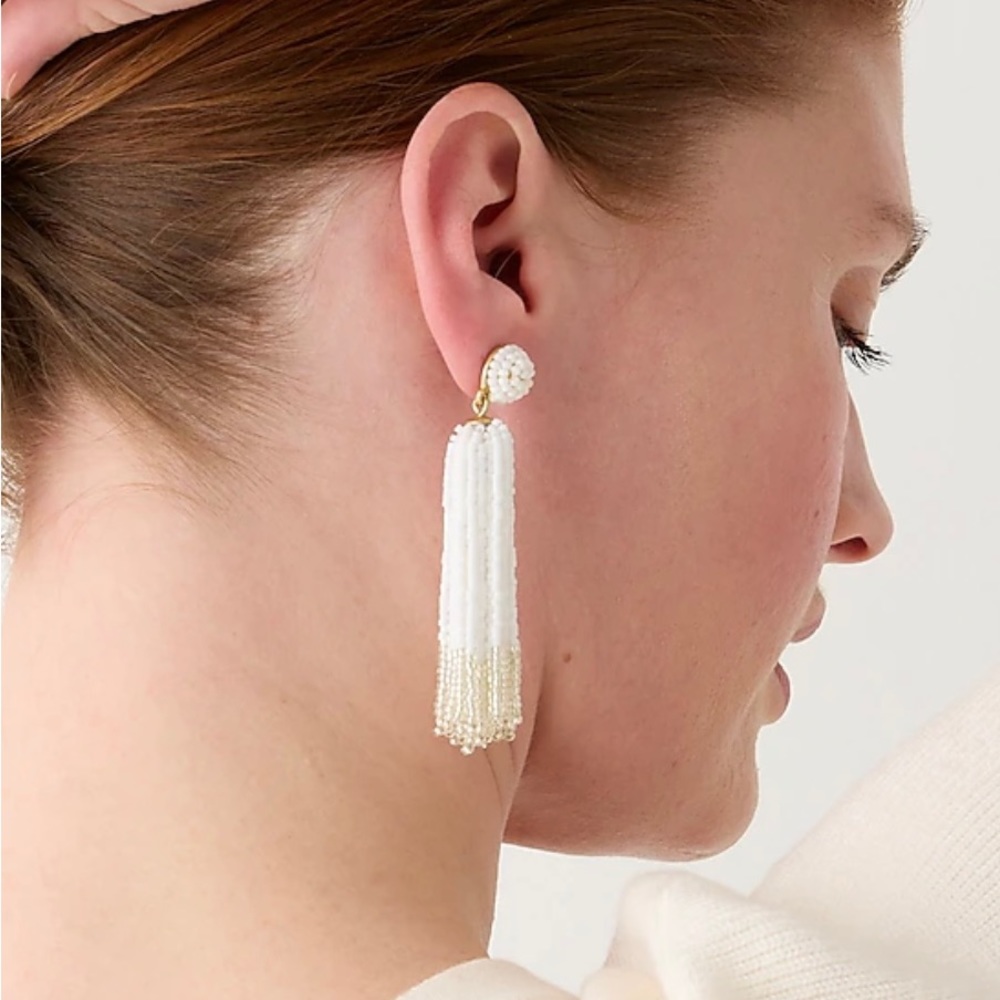 JCREW Beaded Tassel Earrings NWT OS White